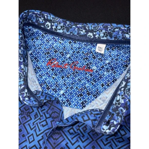 Robert Graham Skull Print Button Up Mens Sz 2XL Blue Purple Cotton Flip Cuff - Picture 9 of 12